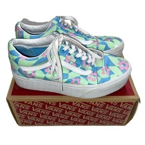 Vans Old Skool Stacked Logo Platform Shoes Womens Sz 10 Checkerboard Floral Blue
